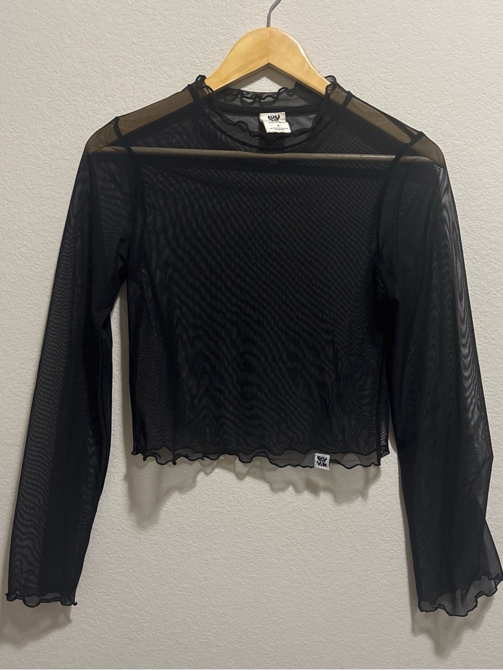 Lucy & Yak Size Small Black mesh long sleeve layering top with ruffle hem